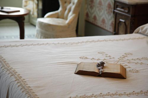 a book sitting on top of a bed at Residenza d'Epoca Regina d'Arborea in Oristano