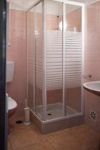 a shower with a glass door in a bathroom at Baleal Surf Emotions in Baleal