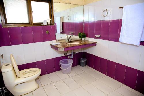 a purple and white bathroom with a toilet and a sink at Shelton Residency Lahore in Lahore