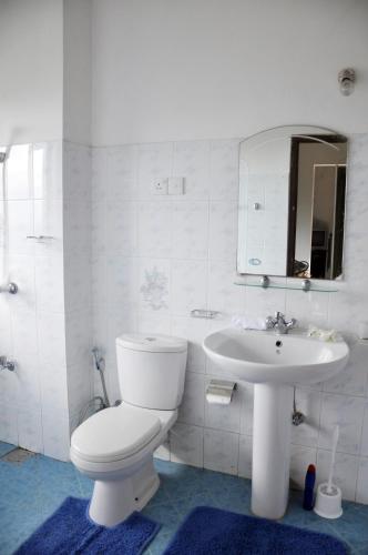a white bathroom with a toilet and a sink at KANDY Holiday Residence in Kandy