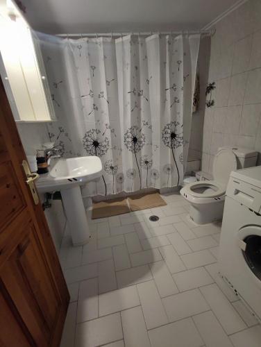 y baño con lavabo, aseo y cortina de ducha. en Lagadia Apartments, en Lagadia