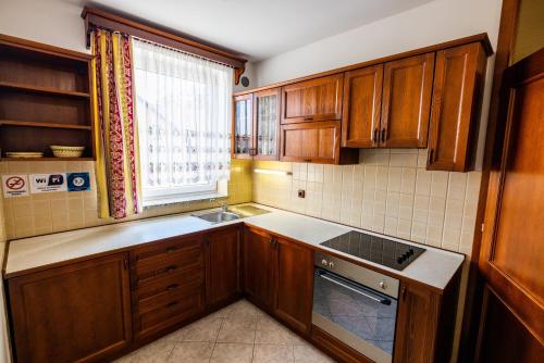 a small kitchen with wooden cabinets and a window at Apartments Galunder in Veržej