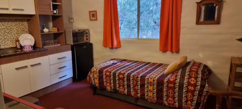 a room with a kitchen with a bed and a microwave at Hostal La Quebrada in Cortaderas