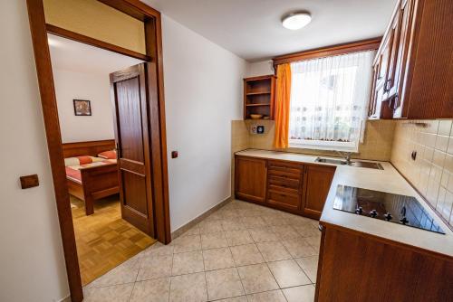 a kitchen with a sink and a window at Apartments Galunder in Veržej