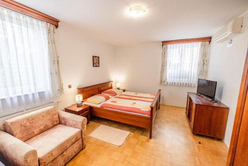 a bedroom with a bed and a couch and a tv at Apartments Galunder in Veržej