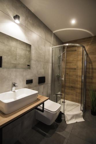 a bathroom with a sink and a shower and a toilet at Willa Widokowa in Wisła