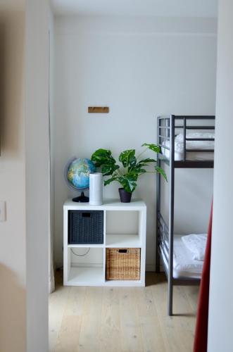 une petite armoire blanche avec une plante dans la chambre dans l'établissement Beau rivage, à Annecy