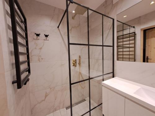 W łazience znajduje się prysznic ze szklanymi drzwiami. w obiekcie Pokoje Gościnne u Marysi w Nowym Sączu