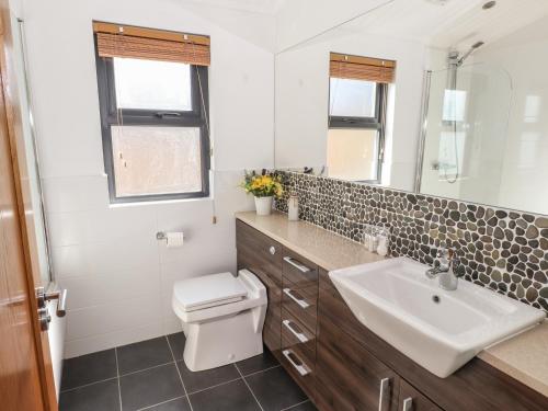 a bathroom with a sink and a toilet and a mirror at Windermere Lodge in Bowness-on-Windermere