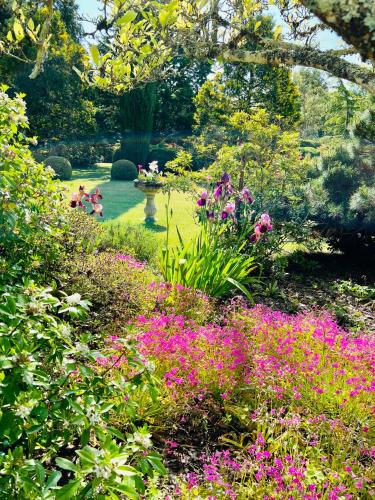 a garden with pink flowers and a fountain at Le logis de Lasteyrie in La Rochebeaucourt-et-Argentine