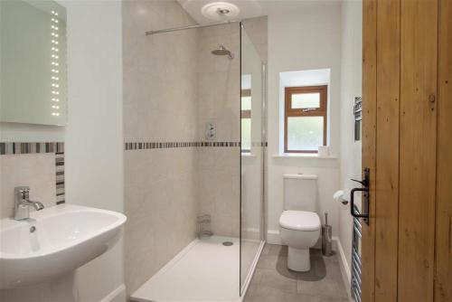 uma casa de banho com um lavatório, um WC e um chuveiro em Robins Nest em Coniston
