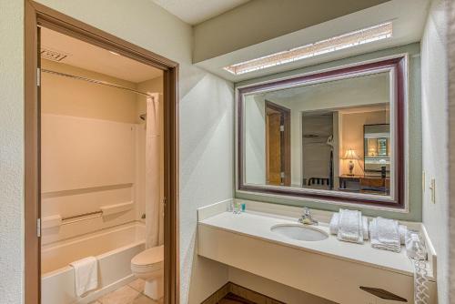 a bathroom with a sink and a toilet and a mirror at American Inn & suites in Dundee