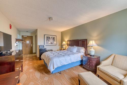 a bedroom with a bed and a couch and a television at American Inn & suites in Dundee