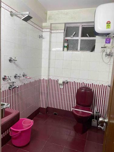 a bathroom with a pink toilet and a sink at Crimson Apartment in Darjeeling