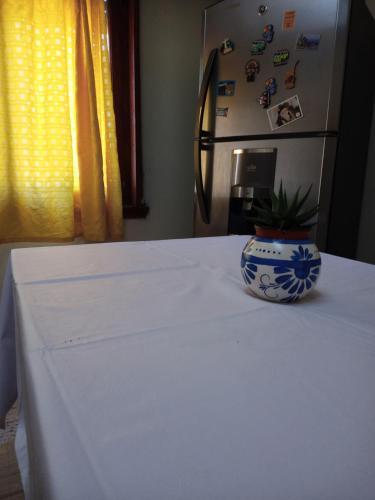 une table blanche avec un vase en haut dans l'établissement La rivera, à Necochea