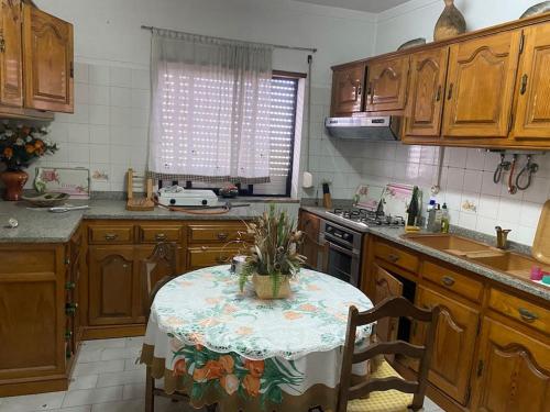 a kitchen with a table with a potted plant on it at Casa de Vimioso AL in Vimioso
