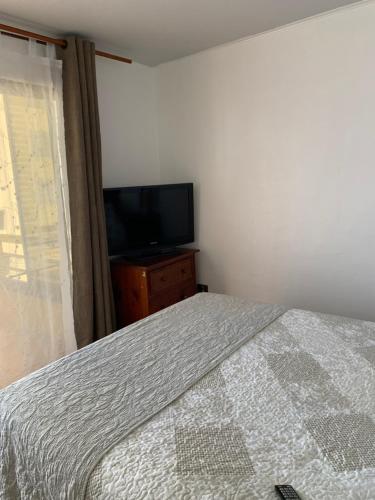 a bedroom with a bed and a flat screen tv at Campanario 104 in Iquique
