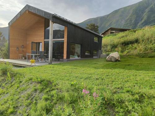 een huis op een heuvel met een groene tuin bij Huset ved skogen in Isfjorden