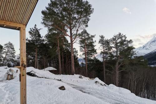a snow covered hill with trees and mountains in the background at Huset ved skogen in Isfjorden