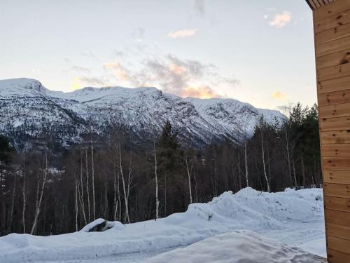 a snow covered mountain with trees and mountains in the background at Huset ved skogen in Isfjorden