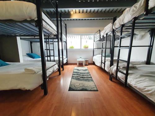 Habitación con 4 literas y suelo de madera. en Spacious and cozy house in Polanco for 26 guests, en Ciudad de México