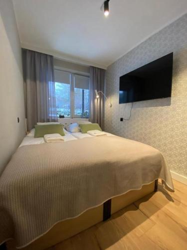 a bedroom with a large bed and a flat screen tv at Apartamenty Admirał  in Solina