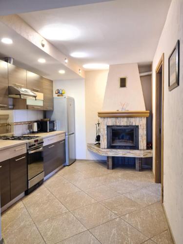 a kitchen with a fireplace in the middle of it at Old Town Apartment in Telšiai