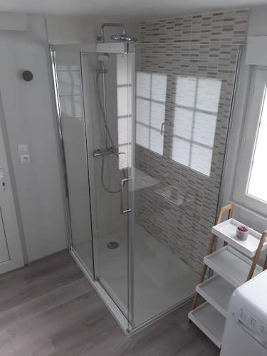 une douche avec une porte vitrée dans une salle de bain dans l'établissement Chez DOUDOU entre terre et mer, à Bretteville-Saint-Laurent