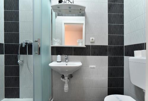 a bathroom with a sink and a mirror and a toilet at Virtus Apartments and Rooms with Free Private Parking in Zagreb