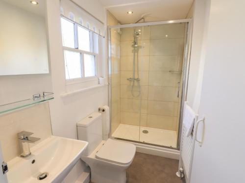 een badkamer met een douche, een toilet en een wastafel bij Jasmine Cottage in Windermere