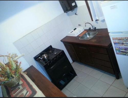 a small kitchen with a stove and a sink at Cabañas Tia Elmira in Villa Cura Brochero