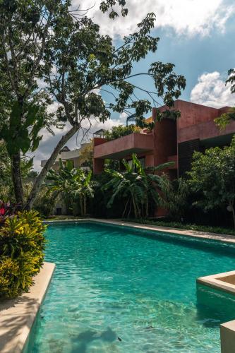a swimming pool in front of a building at Panacea Condo Tulum in Tulum