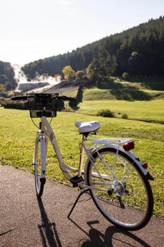 a bike parked on a path near a field at Szélrózsa Vendégház Demjén in Demjén