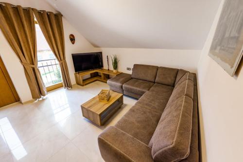 a living room with a brown couch and a tv at Apartments Galunder in Veržej