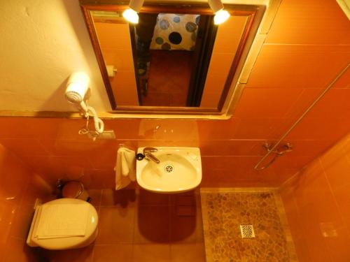 a bathroom with a toilet, sink and mirror at Posada La Casa Grande in Jimena de la Frontera
