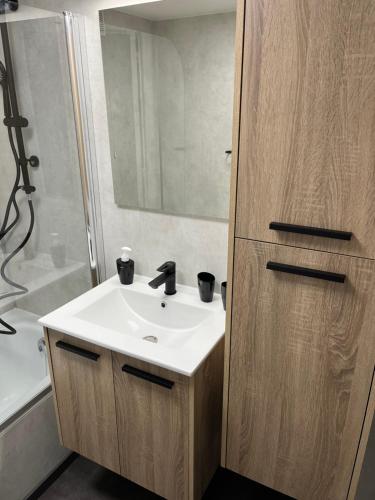 a bathroom with a white sink and a shower at Zeeparel in Middelkerke