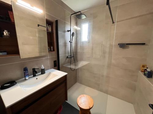 ein Bad mit einem Waschbecken und einer Dusche in der Unterkunft villa l'indoun in Seignosse