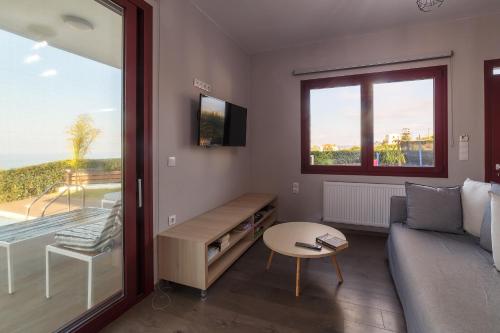 TV a/nebo společenská místnost v ubytování Vigles ,Modern Suites with jacuzzi and amazing view