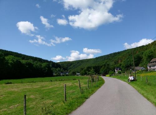 a road in the middle of a field with trees at FederKern Simonskall in Hürtgenwald