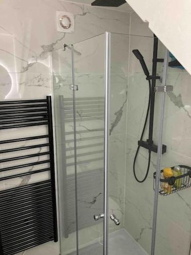 une douche avec une porte vitrée dans une salle de bain dans l'établissement Appartement duplex : Le Cosy, à Montgeron