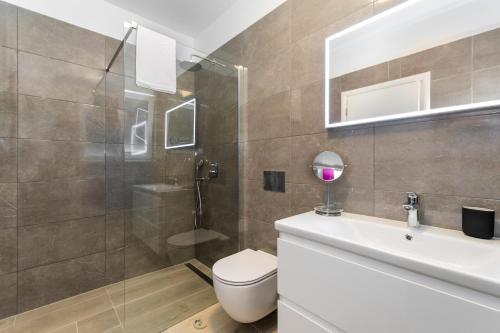a bathroom with a shower and a toilet and a sink at Villa Mateo 2 in Ližnjan
