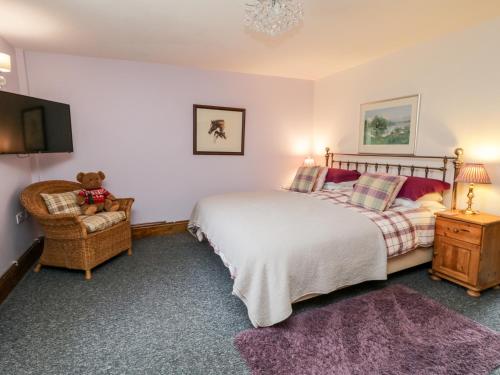 a bedroom with a bed and a tv and a chair at Willow Lodge in Brough