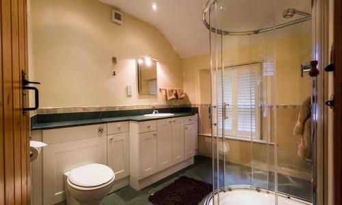 a bathroom with a toilet and a glass shower at Dove Holme Cottage in Grasmere