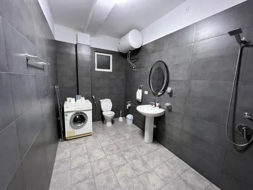 ein Badezimmer mit einem Waschbecken und einer Waschmaschine in der Unterkunft House Elbasan city center 3 in Elbasan