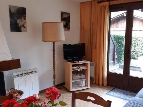 - un salon avec une télévision et une lampe dans l'établissement Appartement charme avec terrasse, vue Mont Blanc, parking, 3/4 pers - FR-1-517-65, à Chamonix-Mont-Blanc