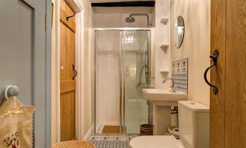 a bathroom with a shower and a toilet and a sink at The Blithe Hare in Windermere