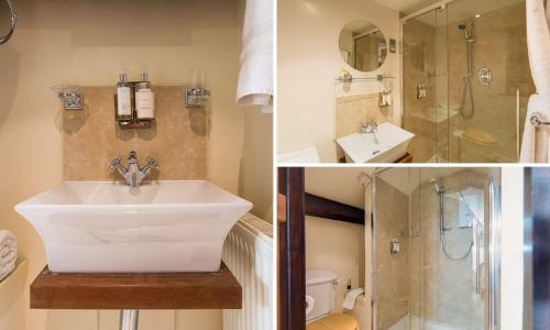 コニストンにあるPoppy Cottageの洗面台とシャワー付きのバスルームの3枚