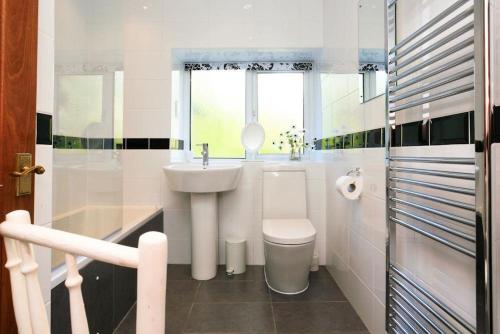 a bathroom with a sink and a toilet and a window at Fairfield Cottage in Grasmere