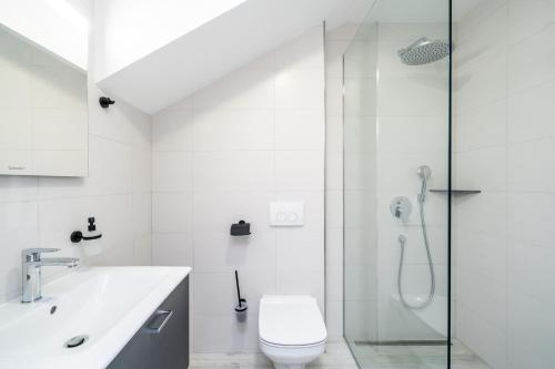 a bathroom with a shower and a toilet and a sink at Cavtat Old School in Cavtat