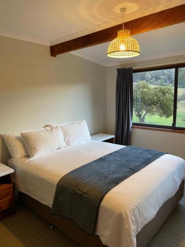 um quarto com uma cama grande e uma janela em Black Bream Point Cabins em Narooma